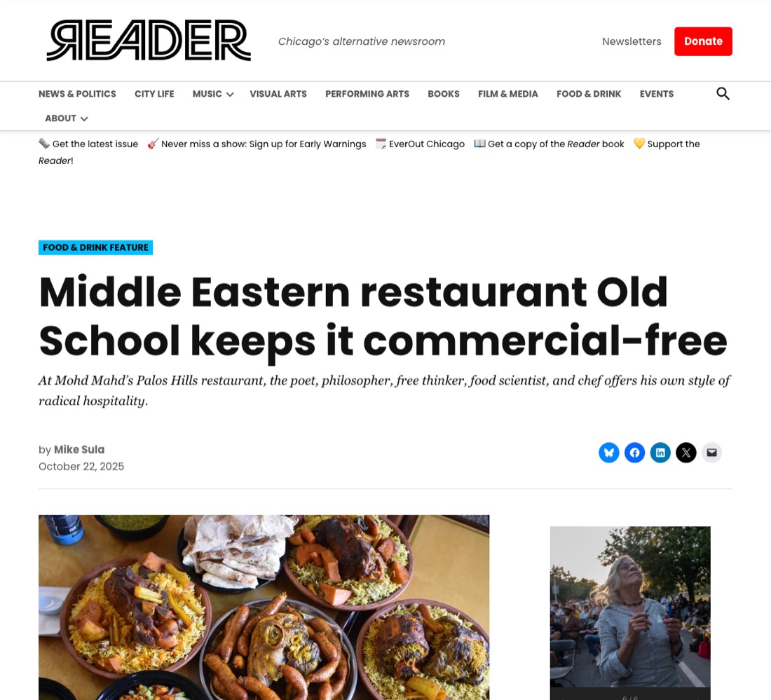 The Chicago Reader's article page: the headline over a photograph of several lamb dishes on saffron rice.