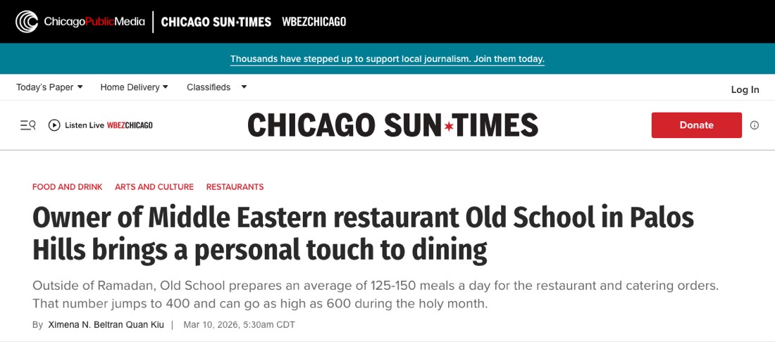 The Chicago Sun-Times article page, showing the masthead and the headline about Old School.